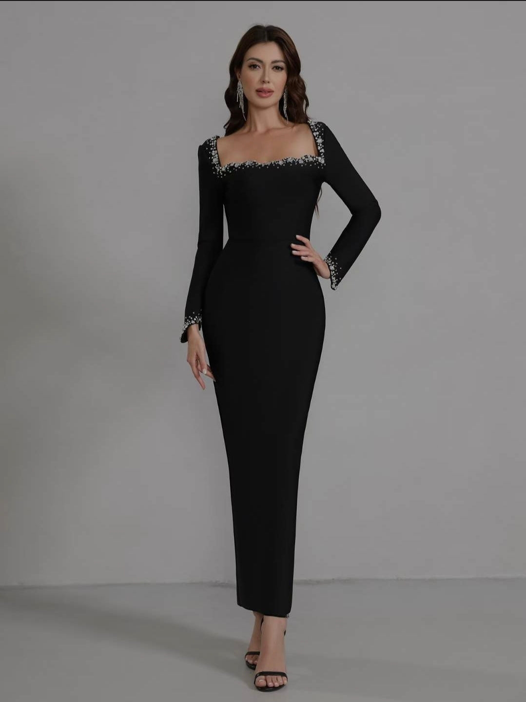 Square rhinestone neck dress