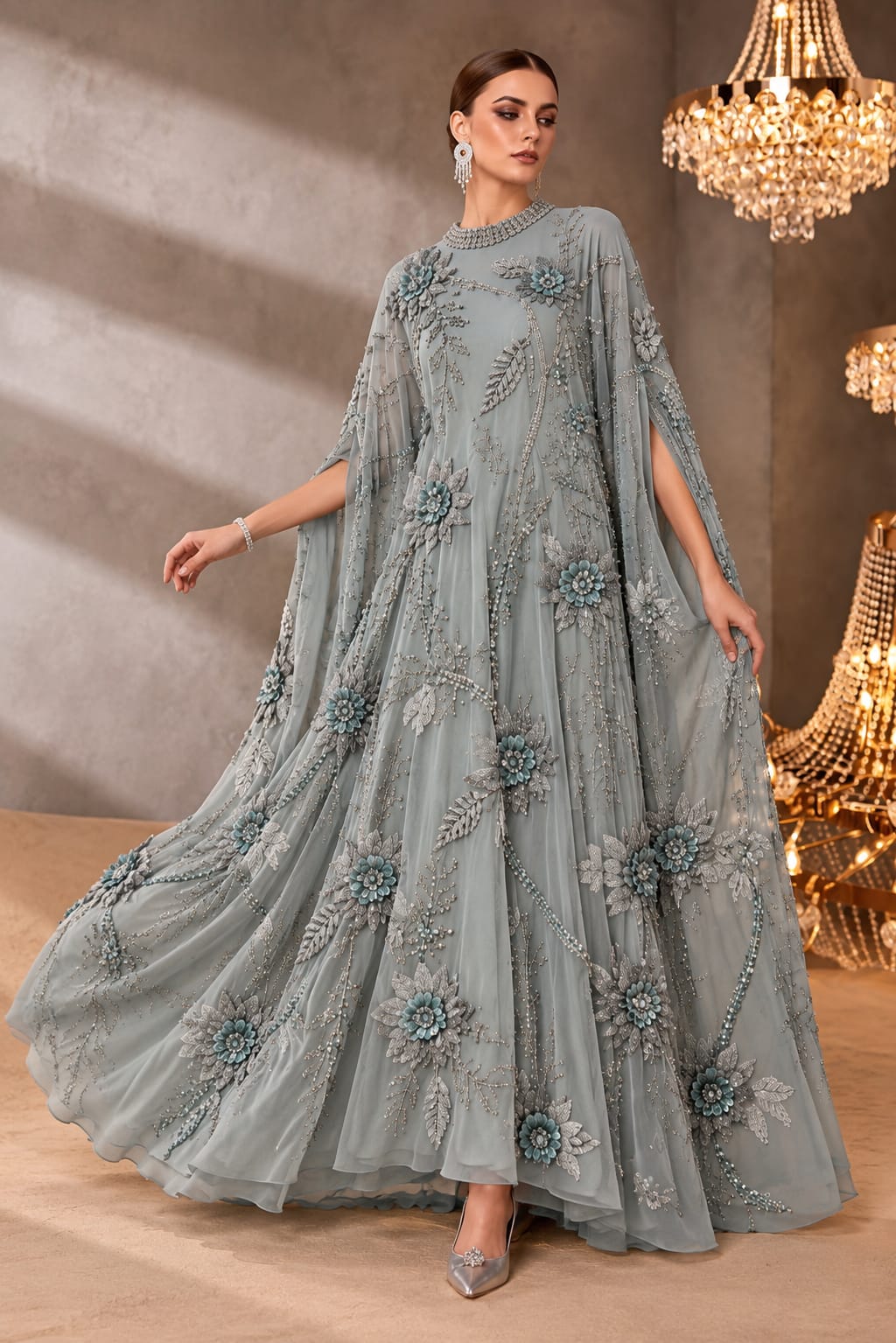 Sage Celeste Embellished Chiffon Kaftan