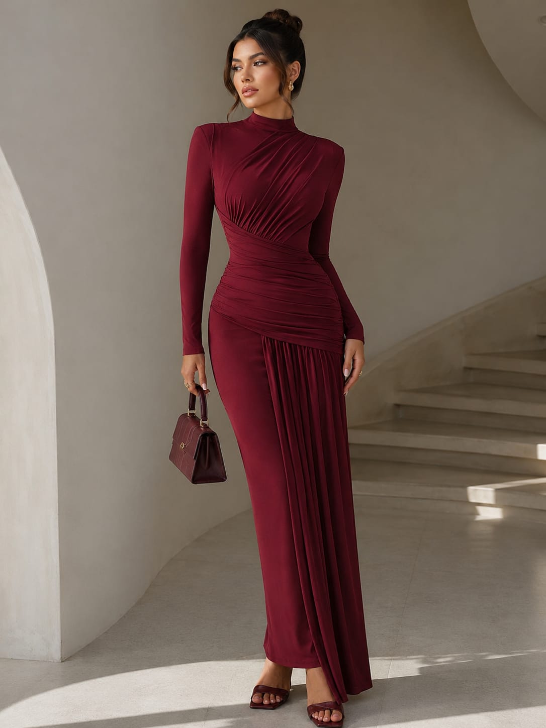 Burgundy Ruched Draped Dress
