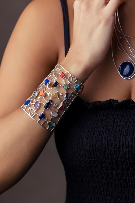 Pure Silver Natural Stone Mosaic Cuff