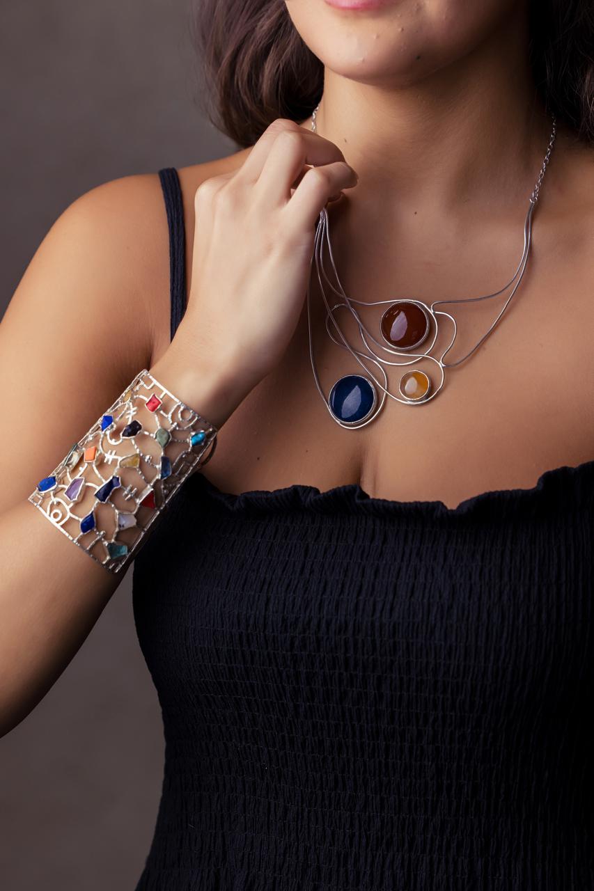 Pure Silver Natural Stone Mosaic Cuff