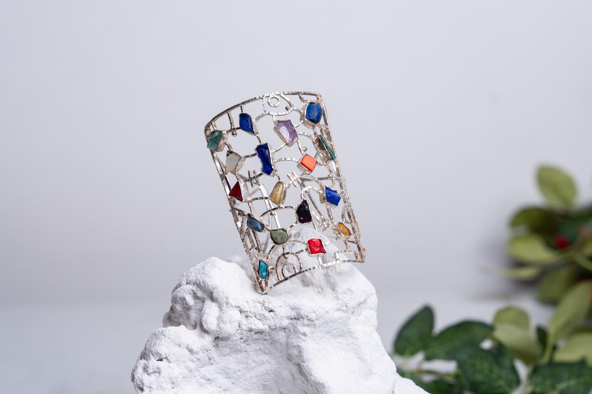 Pure Silver Natural Stone Mosaic Cuff