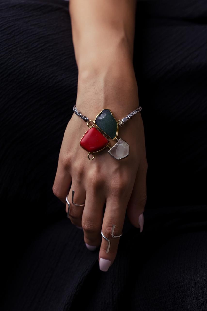 Pure Silver Trio Stone Charm Bracelet