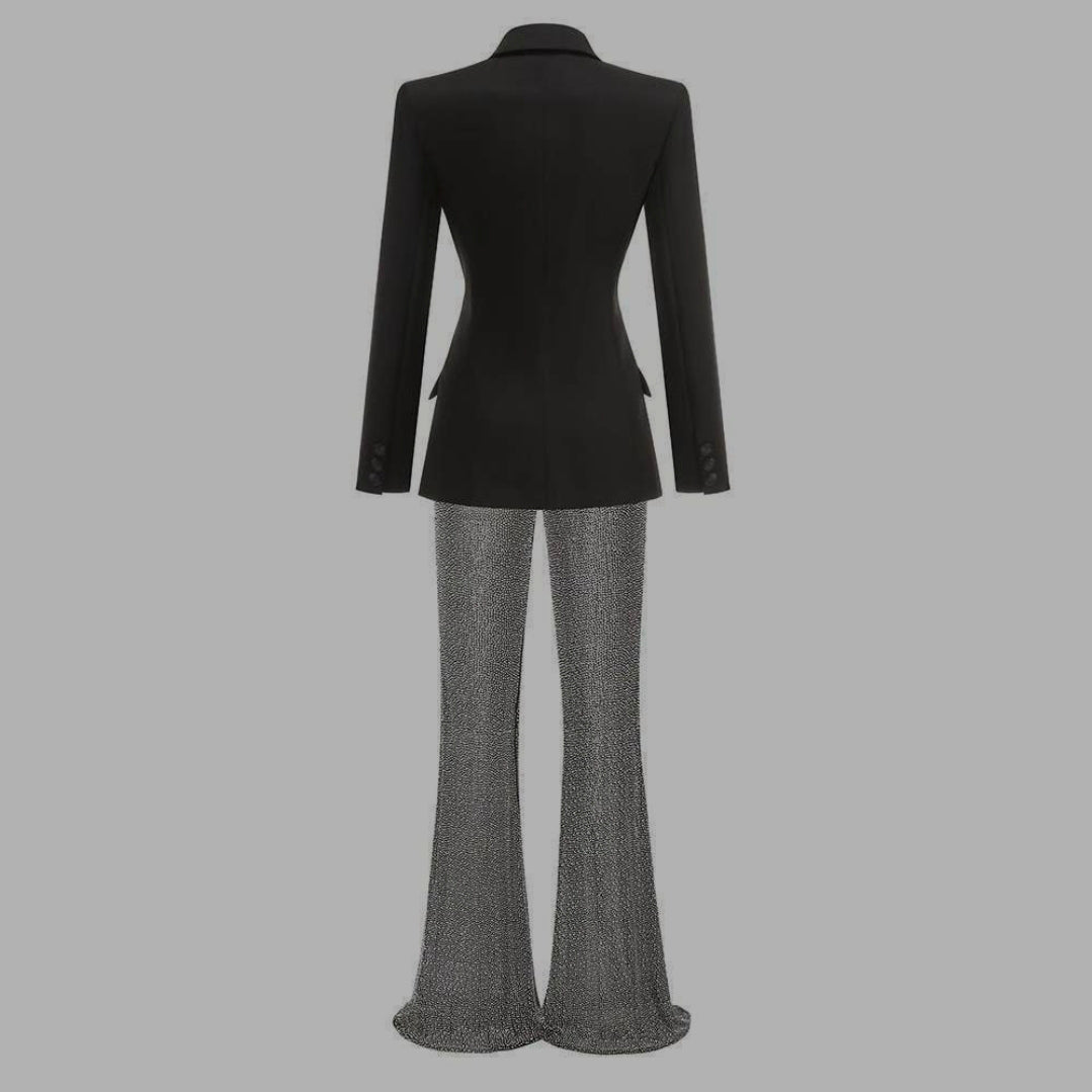 black double-breasted blazer and shimmering or crystal-embellished flare pants