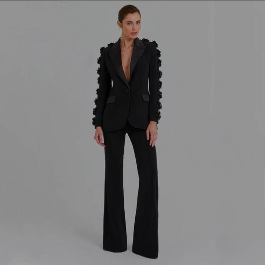 3d flower Women's Formal Long Sleeve  Blazer & Wide-Leg Pant Suit Set with Deep V Neck Business to Cocktail Elegant