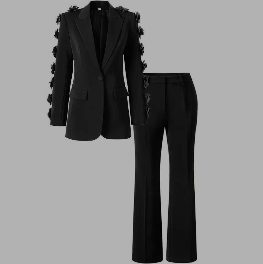 3d flower Women's Formal Long Sleeve  Blazer & Wide-Leg Pant Suit Set with Deep V Neck Business to Cocktail Elegant