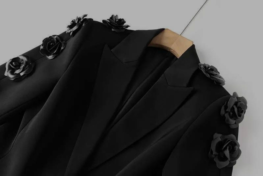 3d flower Women's Formal Long Sleeve  Blazer & Wide-Leg Pant Suit Set with Deep V Neck Business to Cocktail Elegant