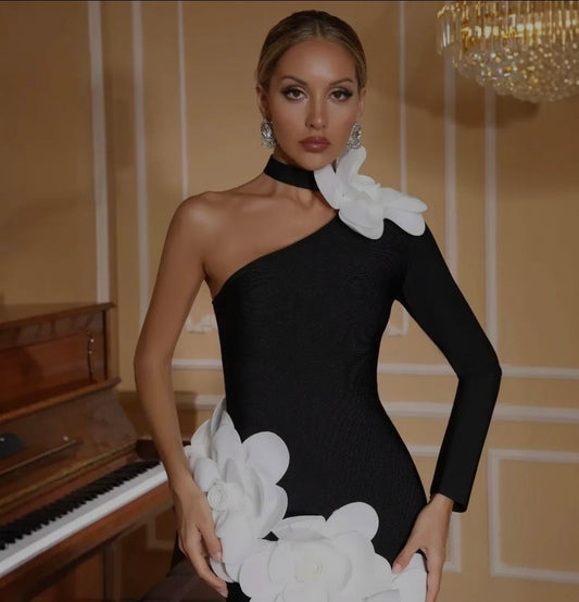 OFF SHOULDER SPANISH 3D FLORAL DRESS