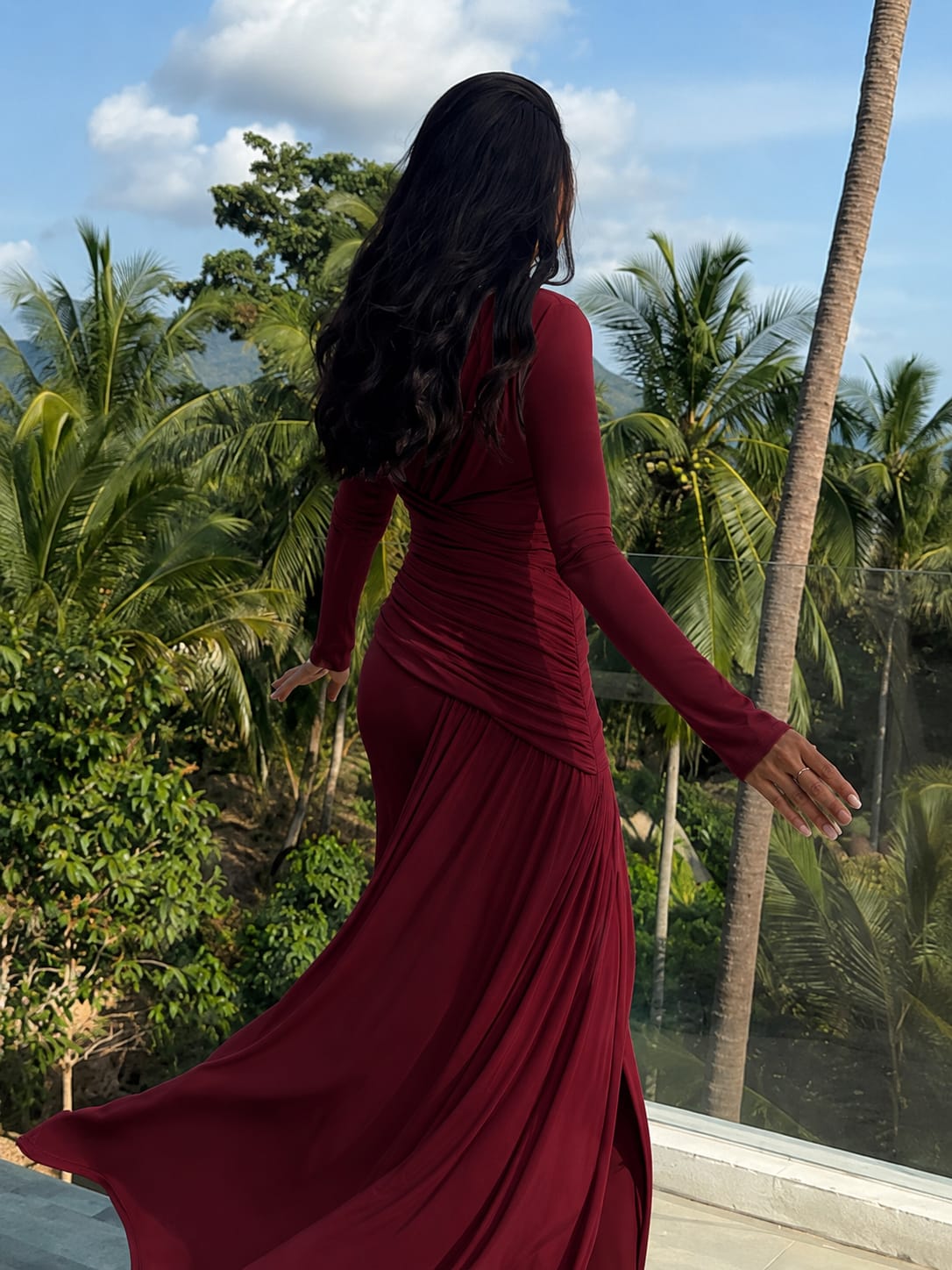 Burgundy Ruched Draped Dress