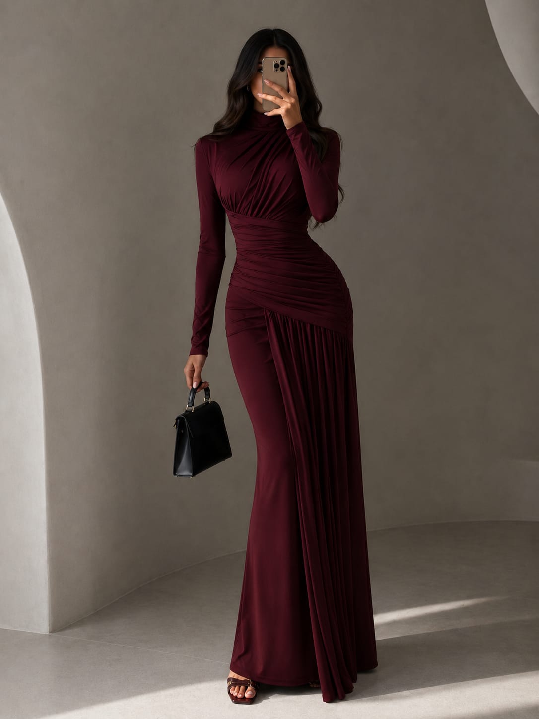 Burgundy Ruched Draped Dress