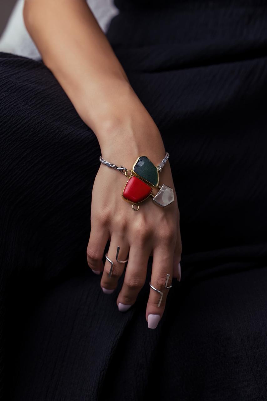 Pure Silver Trio Stone Charm Bracelet